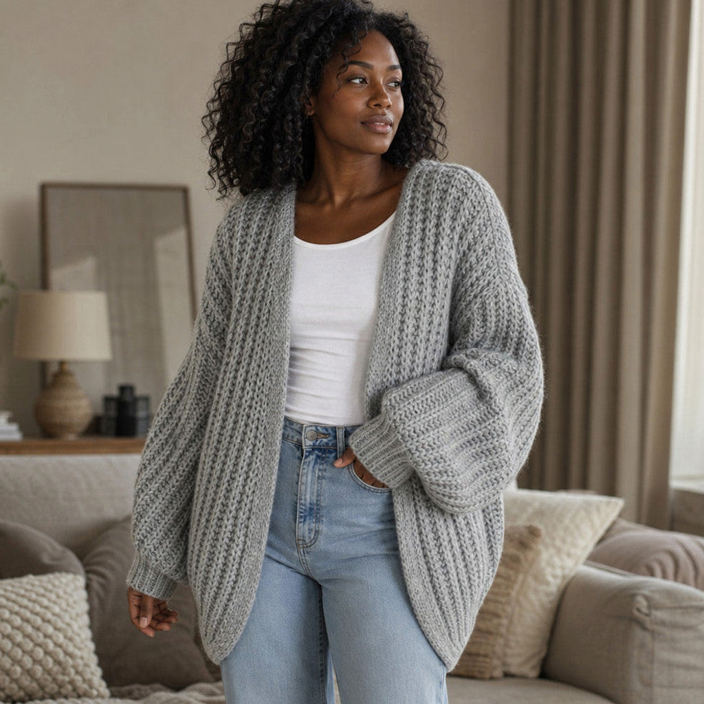 Serena | Knit Cardigan Lantern Sleeves Open Front – Styled Editorial Shot