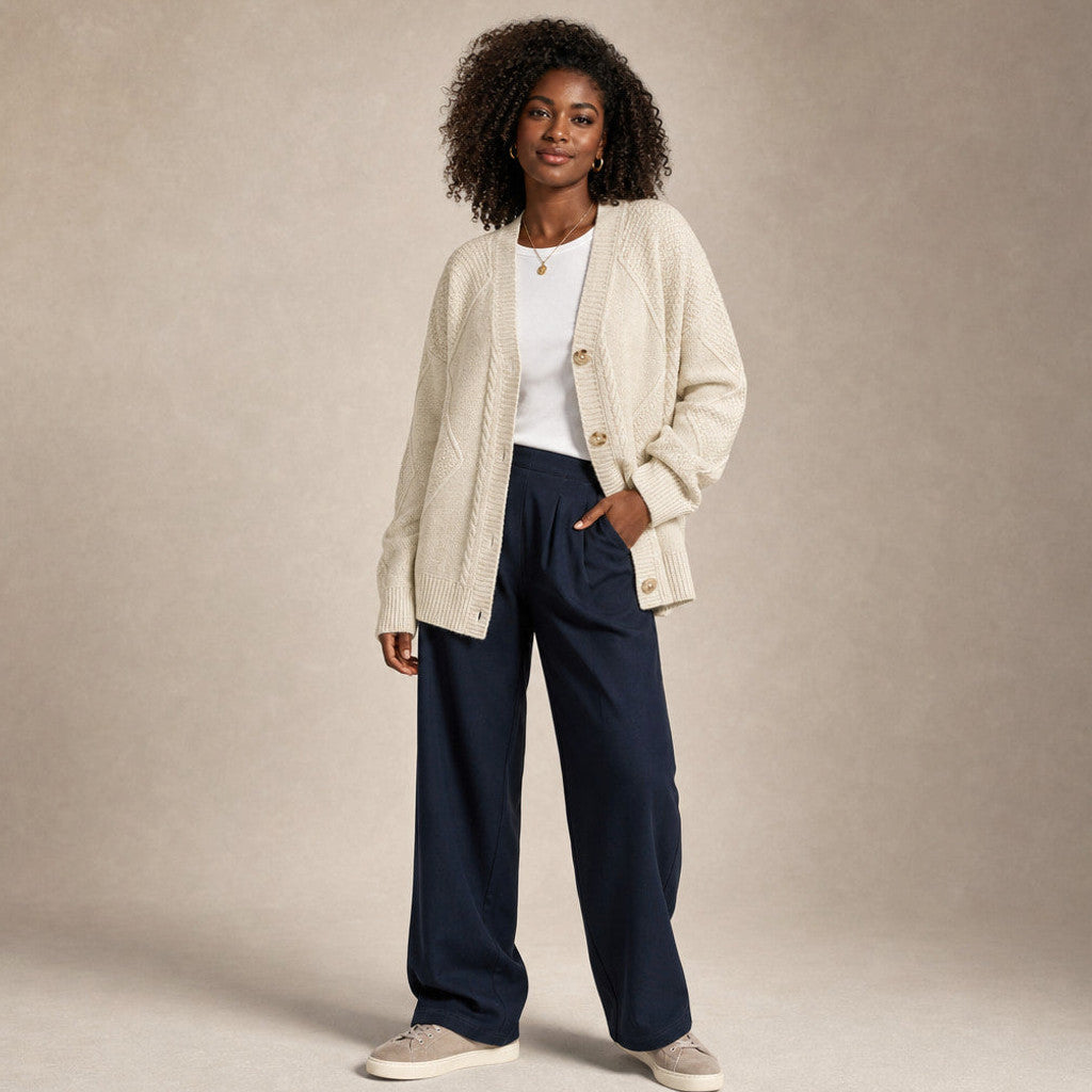 Sibella | Cable Knit Cardigan Button-Front Light Beige – Side Angle View