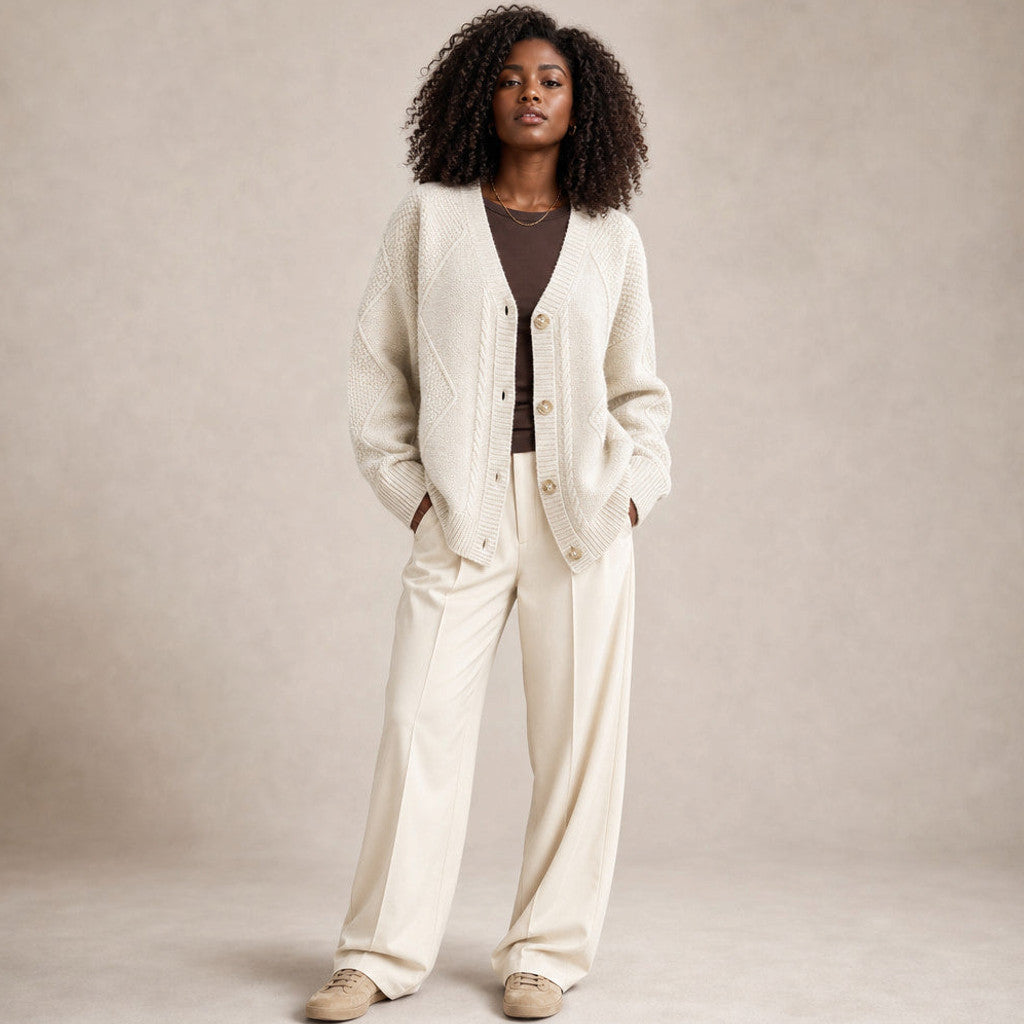 Sibella | Cable Knit Cardigan Button-Front Light Beige – Full Look