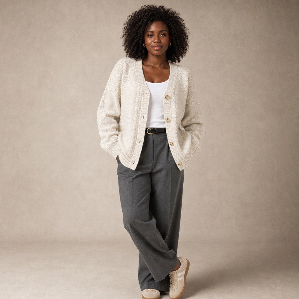 Sibella | Cable Knit Cardigan Button-Front in Light Beige – Premium Editorial