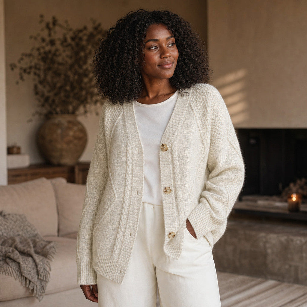 Sibella | Cable Knit Cardigan Button-Front Light Beige – Styled Editorial Shot