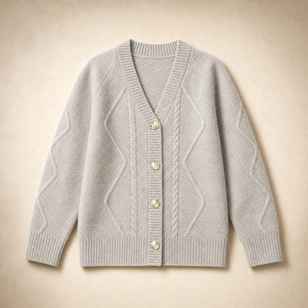 Sibella | Cable Knit Cardigan Button-Front Light Gray – Product Photo