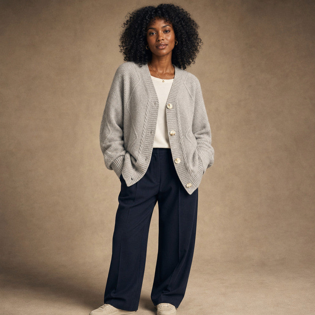 Sibella | Cable Knit Cardigan Button-Front in Light Gray – Premium Editorial
