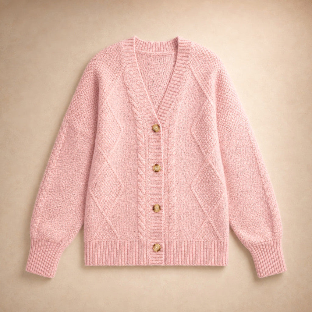 Sibella | Cable Knit Cardigan Button-Front Pink – Product Photo