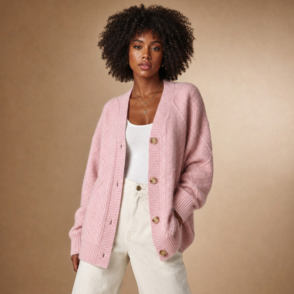 Sibella | Cable Knit Cardigan Button-Front in Pink – Premium Editorial