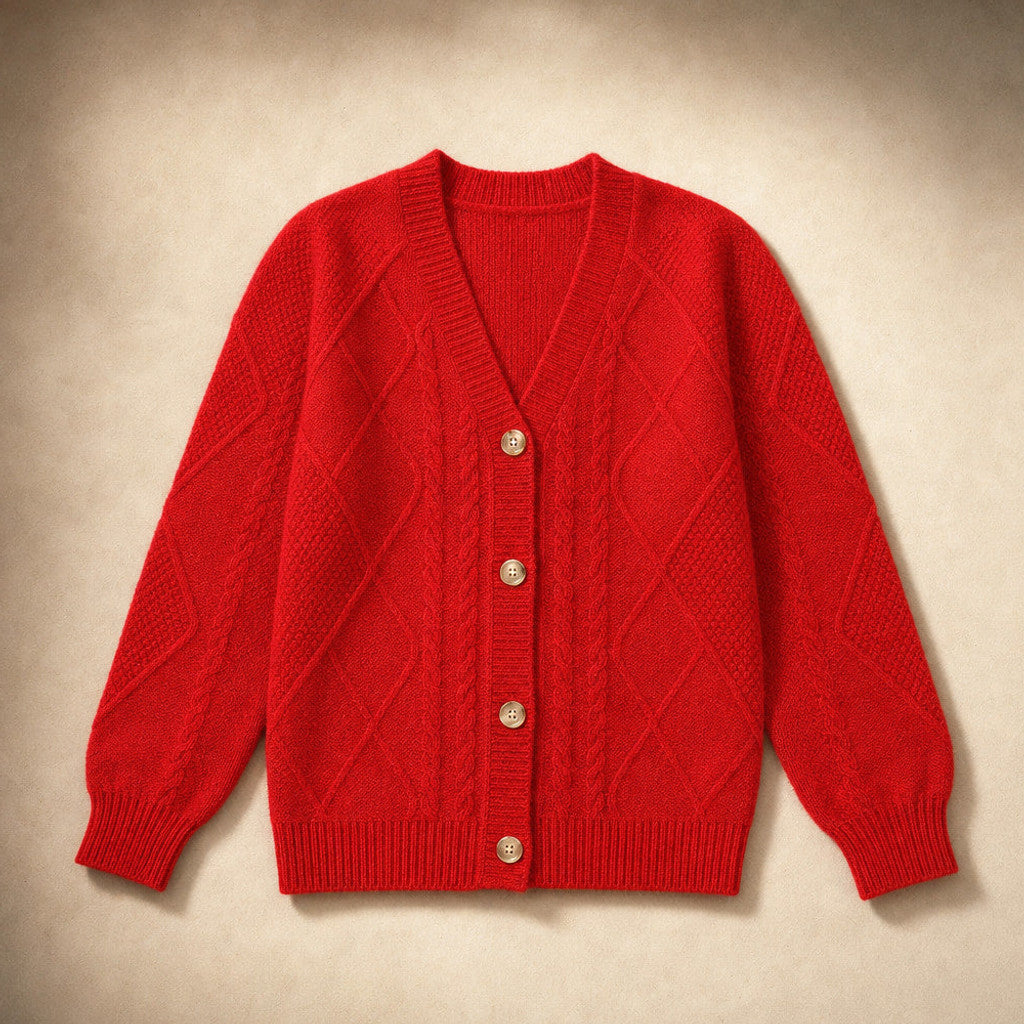 Sibella | Cable Knit Cardigan Button-Front Red – Product Photo