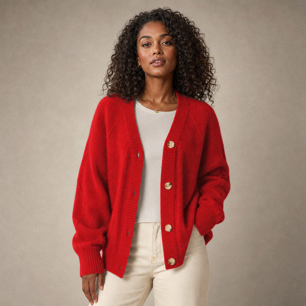 Sibella | Cable Knit Cardigan Button-Front in Red – Premium Editorial