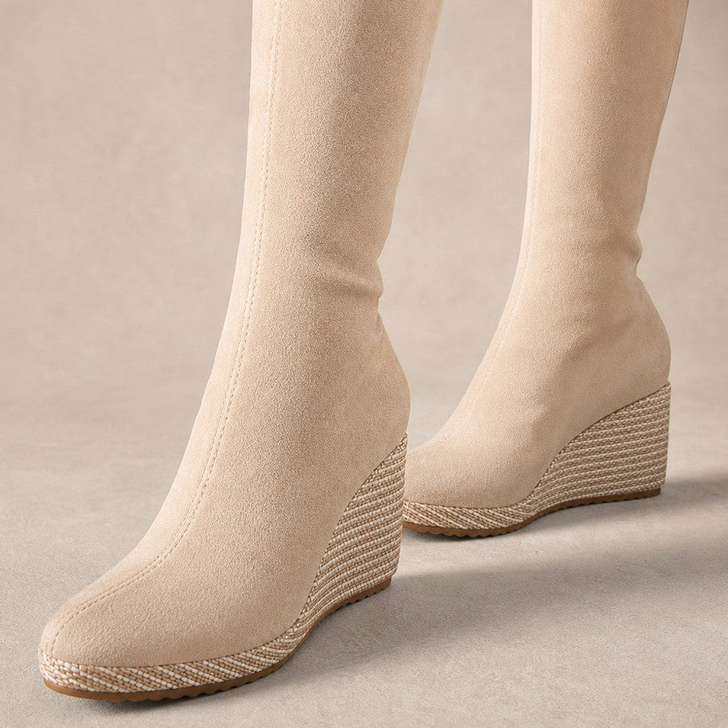 Sophia | Over-the-Knee Boots Stretch Wedge Beige – Fabric and Detail Close-Up