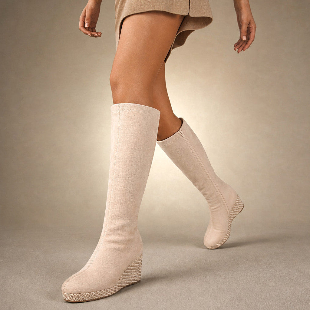 Sophia | Over-the-Knee Boots Stretch Wedge Beige – Product Photo