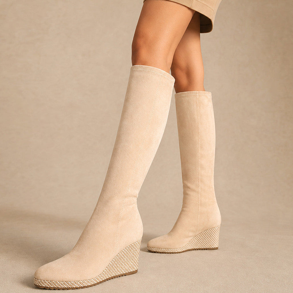 Sophia | Over-the-Knee Boots Stretch Wedge in Beige – Premium Editorial