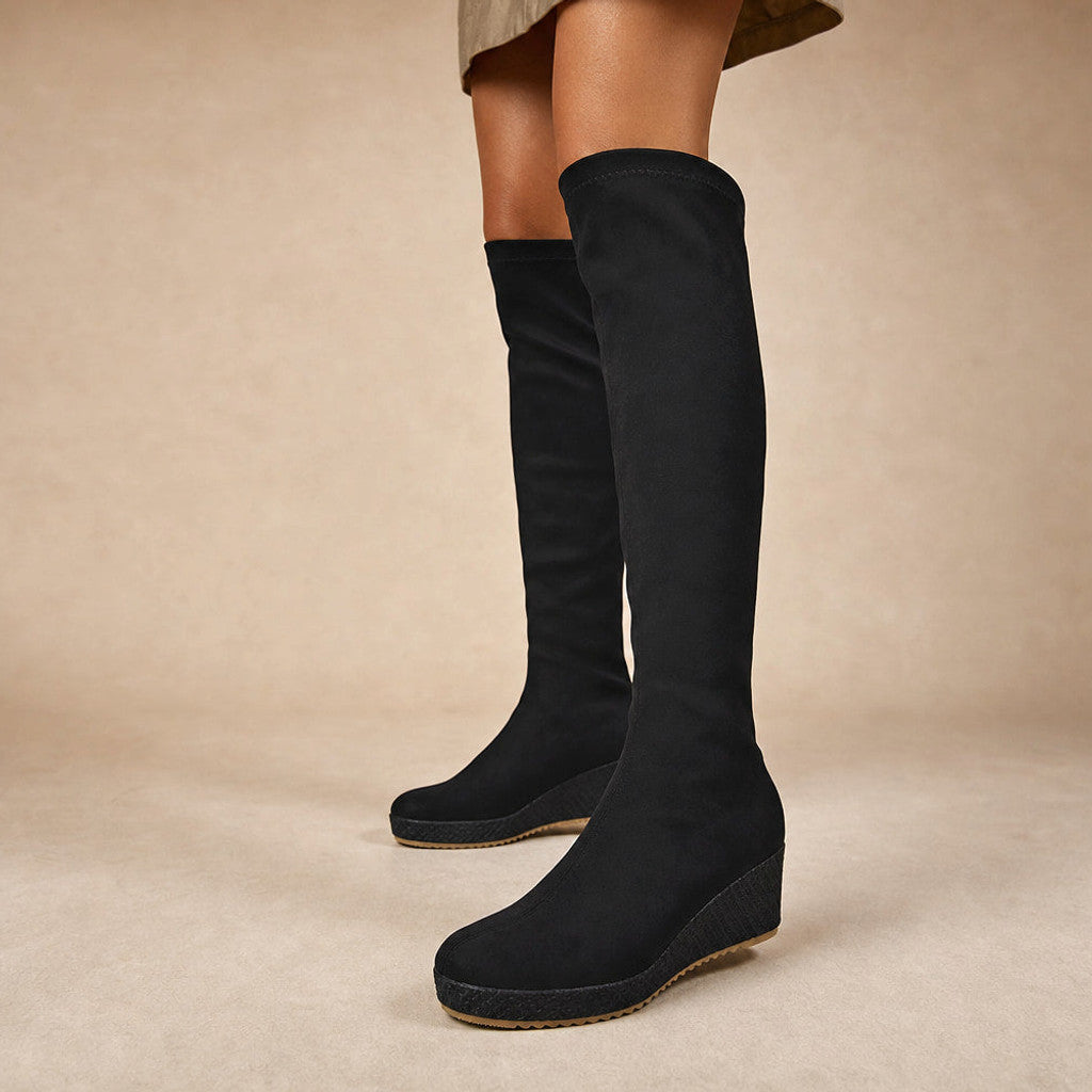 Sophia | Over-the-Knee Boots Stretch Wedge Black – Product Photo