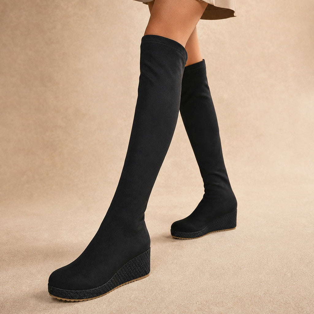Sophia | Over-the-Knee Boots Stretch Wedge in Black – Premium Editorial