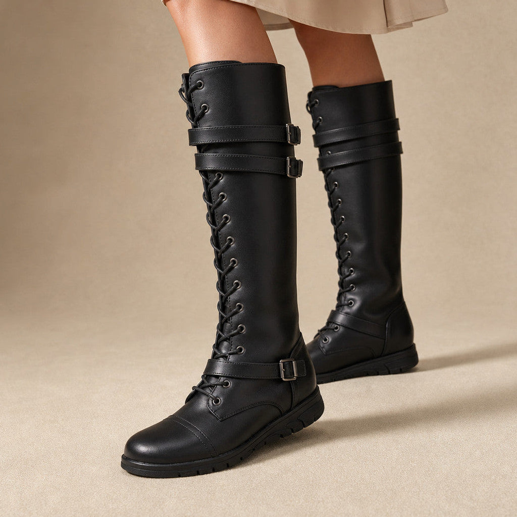 Sorcha | Knee-High Boots Platform Lace-Up Black – Product Photo