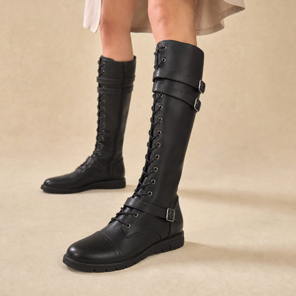 Sorcha | Knee-High Boots Platform Lace-Up in Black – Premium Editorial