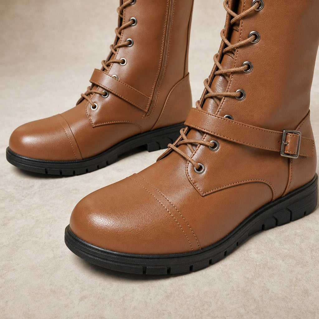 Sorcha | Knee-High Boots Platform Lace-Up Brown – Fabric and Detail Close-Up