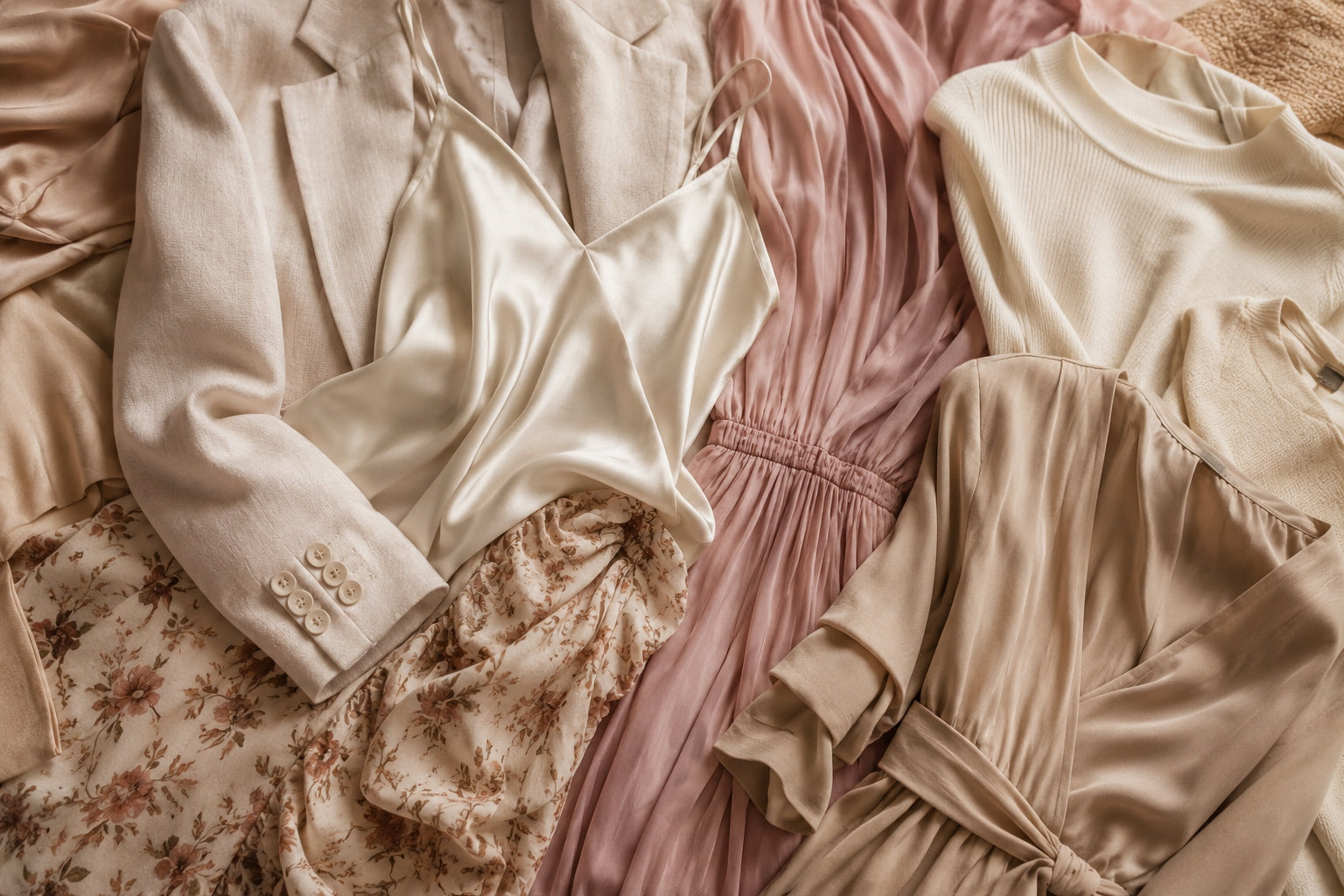 Womenswear in cream and blush tones arranged flat, from the Molieri range.