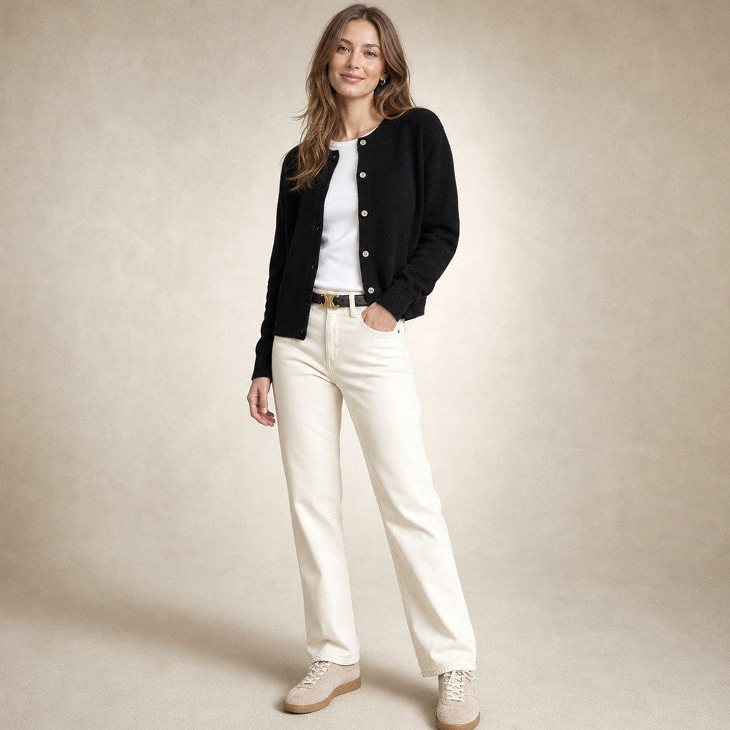 Thabitha | Button-Front Cardigan Round Neck Black – Side Angle View