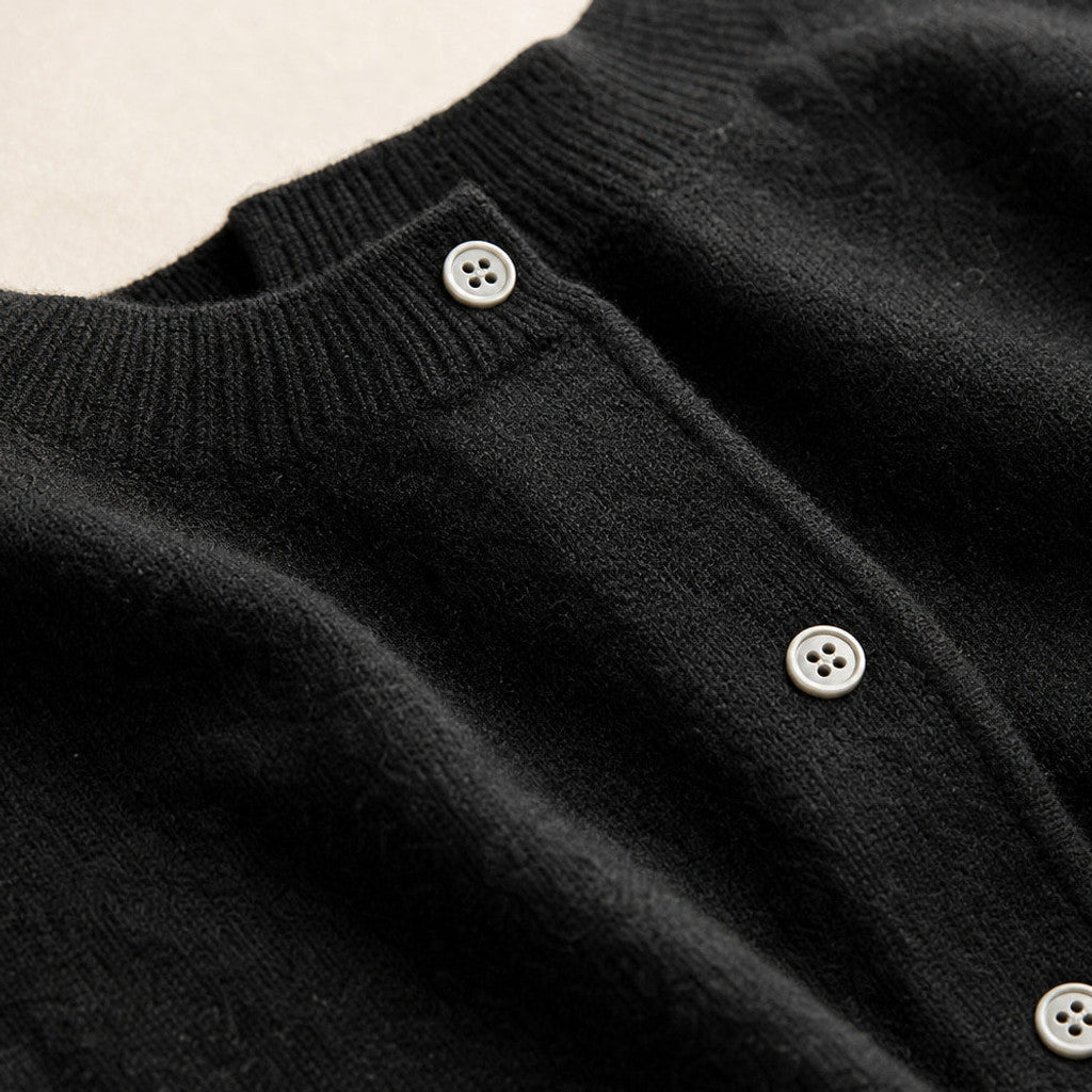 Thabitha | Button-Front Cardigan Round Neck Black – Fabric and Detail Close-Up