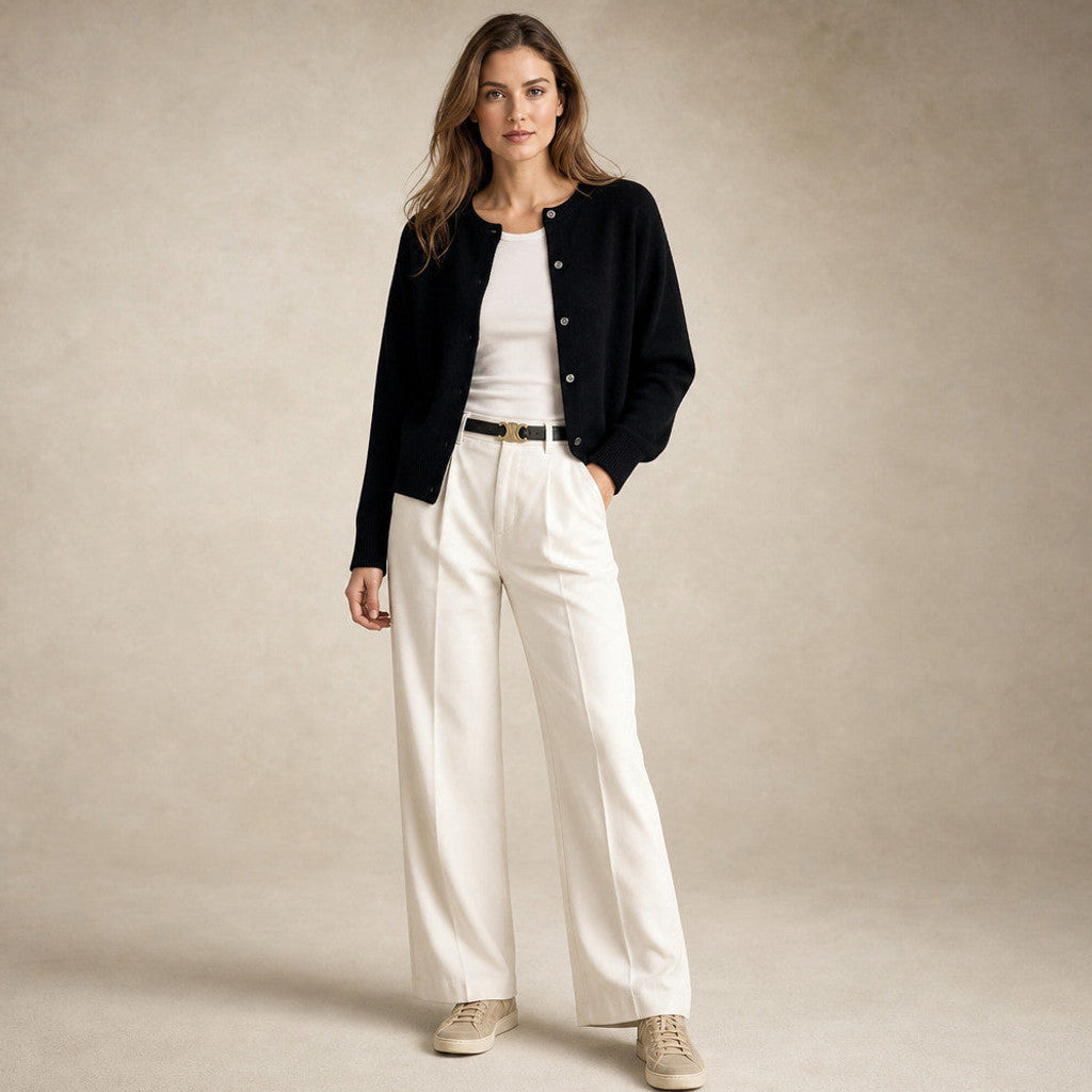 Thabitha | Button-Front Cardigan Round Neck Black – Full Look