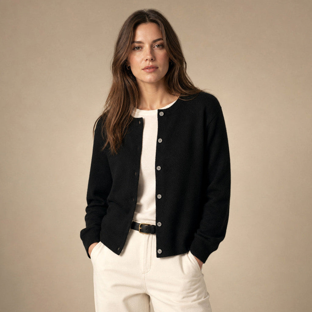 Thabitha | Button-Front Cardigan Round Neck in Black – Premium Editorial