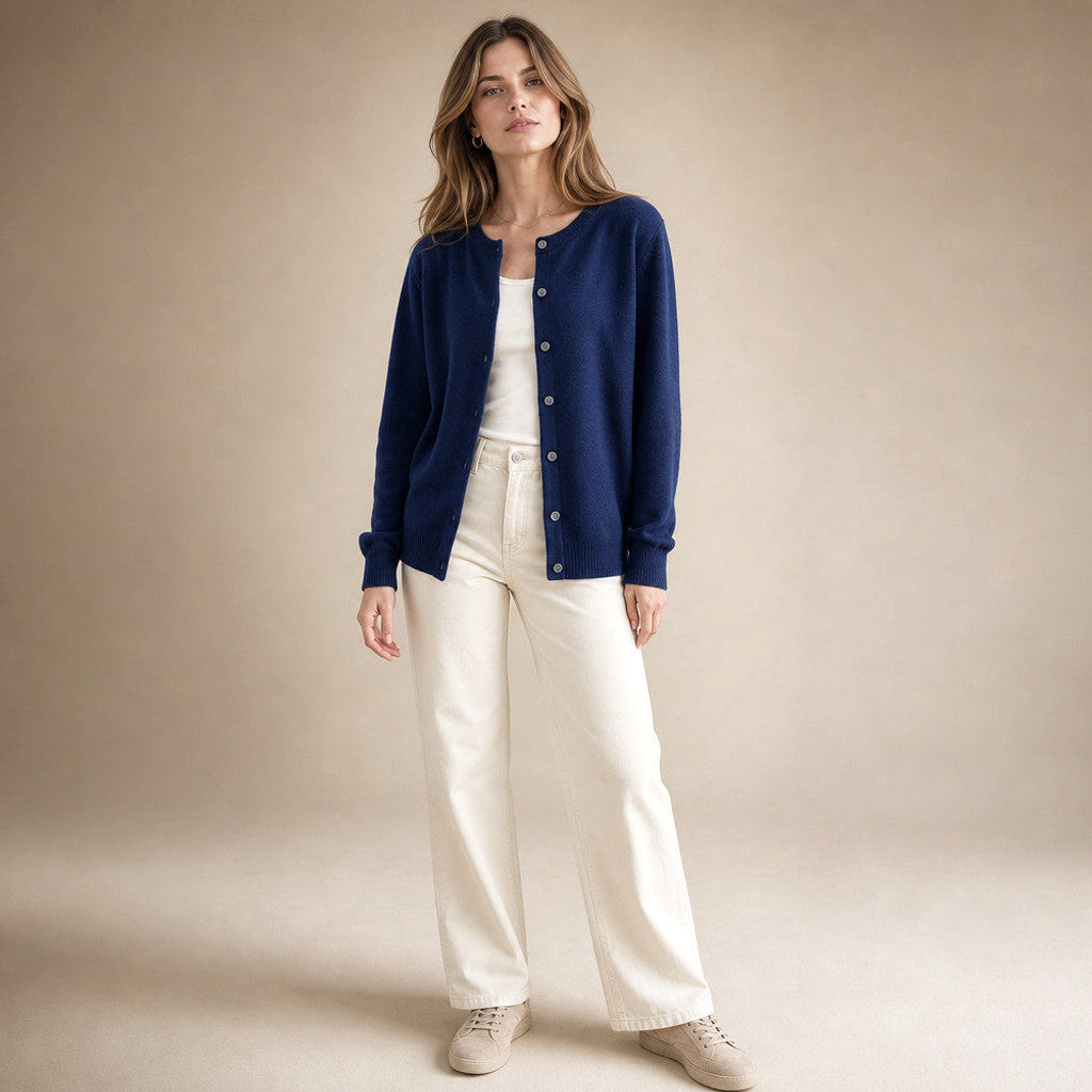 Thabitha | Button-Front Cardigan Round Neck in Navy Blue – Premium Editorial