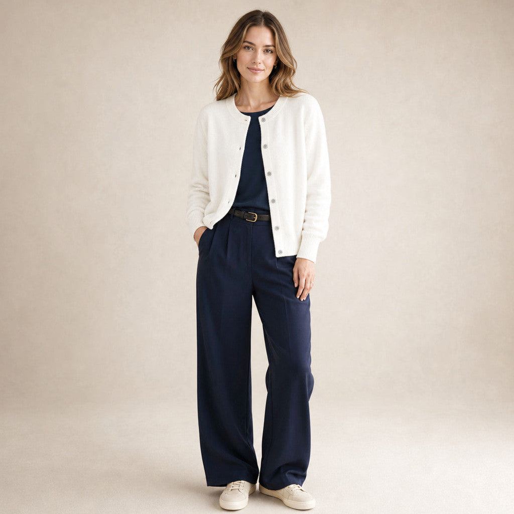 Thabitha | Button-Front Cardigan Round Neck in White – Premium Editorial