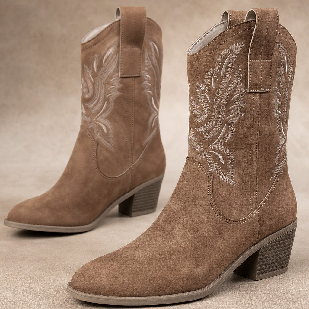 Thursa | Western Calf Boots Embroidered Suede Brown Brown – Fabric and Detail Close-Up