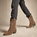 Thursa | Western Calf Boots Embroidered Suede Brown Brown – Product Photo