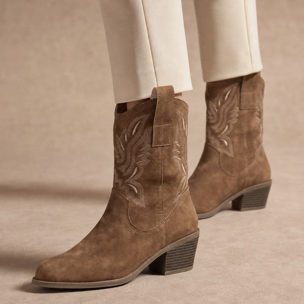 Thursa | Western Calf Boots Embroidered Suede Brown in Brown – Premium Editorial