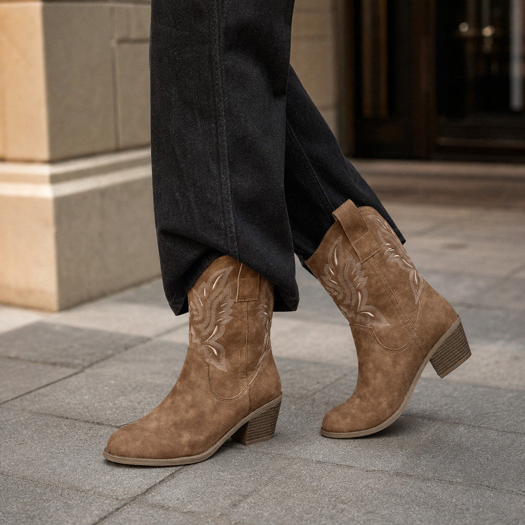 Thursa | Western Calf Boots Embroidered Suede Brown Brown – Styled Editorial Shot