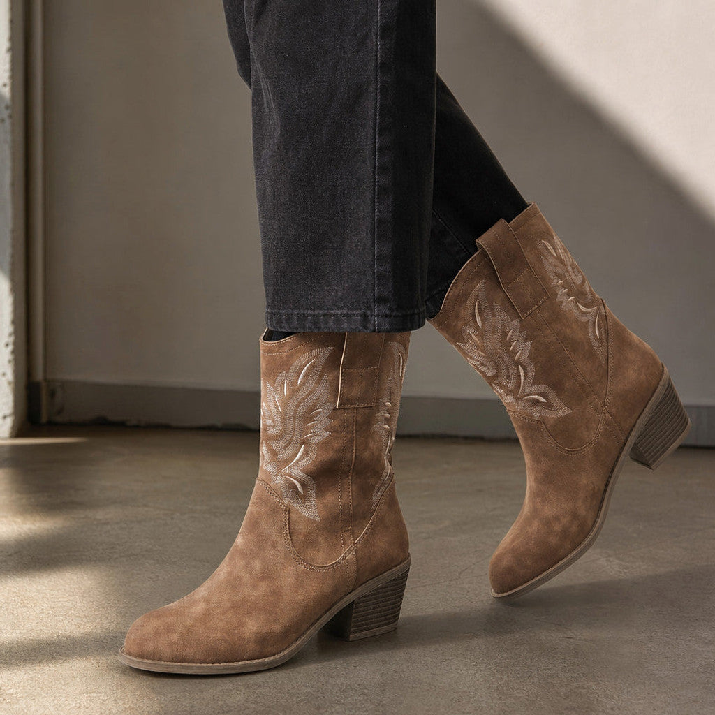 Thursa | Western Calf Boots Embroidered Suede Brown – Styled Editorial Shot