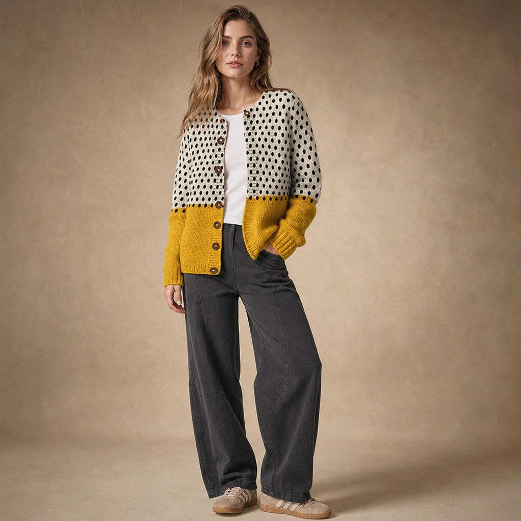 Waltrude | Knit Cardigan Polka Dot Colourblock – Side Angle View