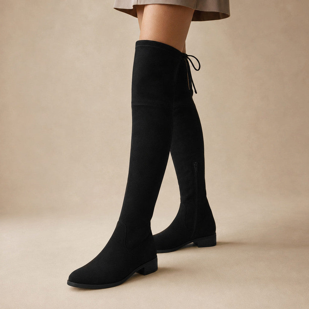 Xanthe | Knee High Boots Suede Side Zip in Black – Premium Editorial