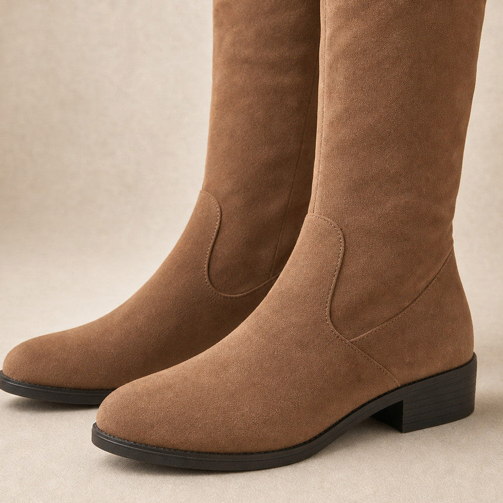 Xanthe | Knee High Boots Suede Side Zip Brown – Fabric and Detail Close-Up