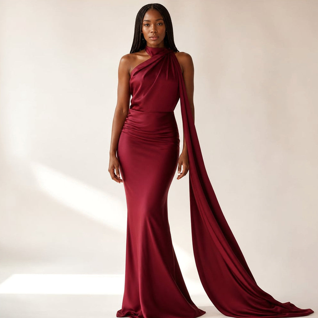 Dwyn one-shoulder draped maxi dress in wine red, asymmetric neckline, floor-length, front view