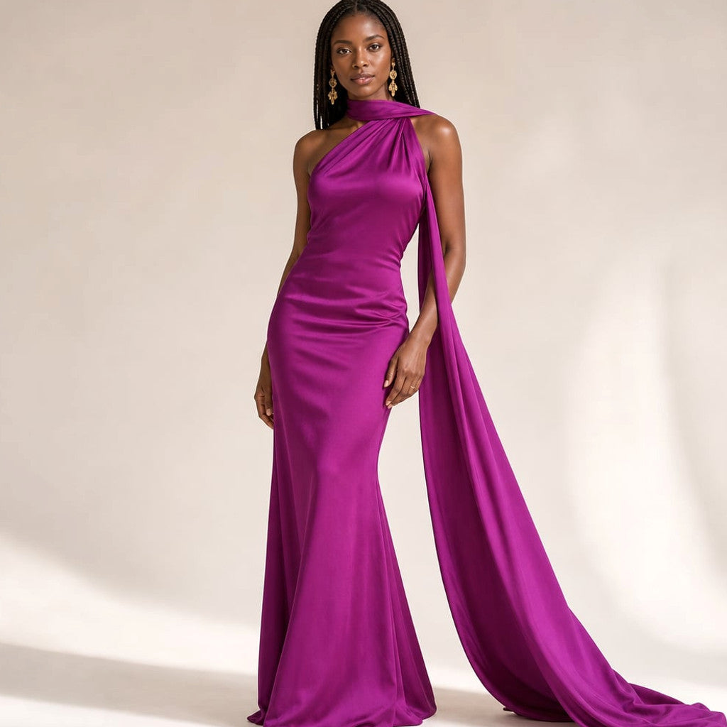 Maxi Dress One-Shoulder Draped Asymmetric Formal in Purple – Molieri
