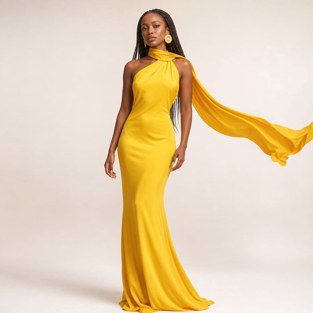 Maxi Dress One-Shoulder Draped Asymmetric Formal in Yellow – Molieri