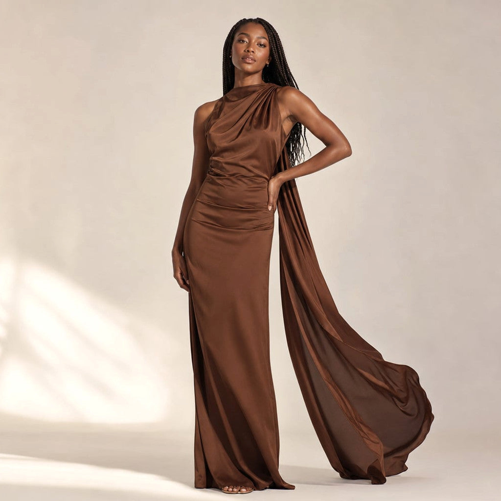 Maxi Dress One-Shoulder Draped Asymmetric Formal in Brown – Molieri