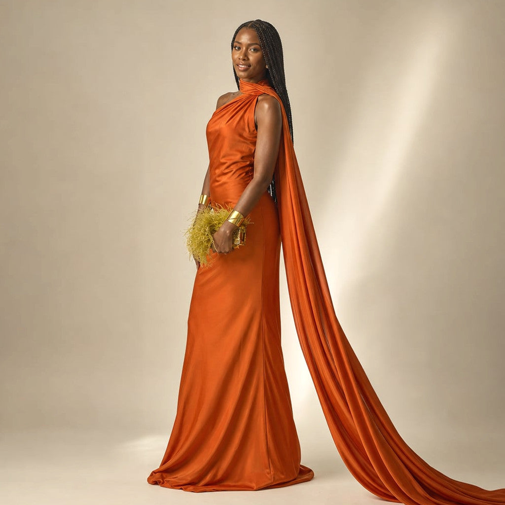 Maxi Dress One-Shoulder Draped Asymmetric Formal in Orange – Molieri