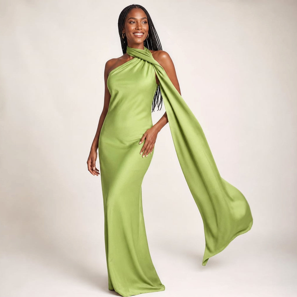 Maxi Dress One-Shoulder Draped Asymmetric Formal in Green – Molieri