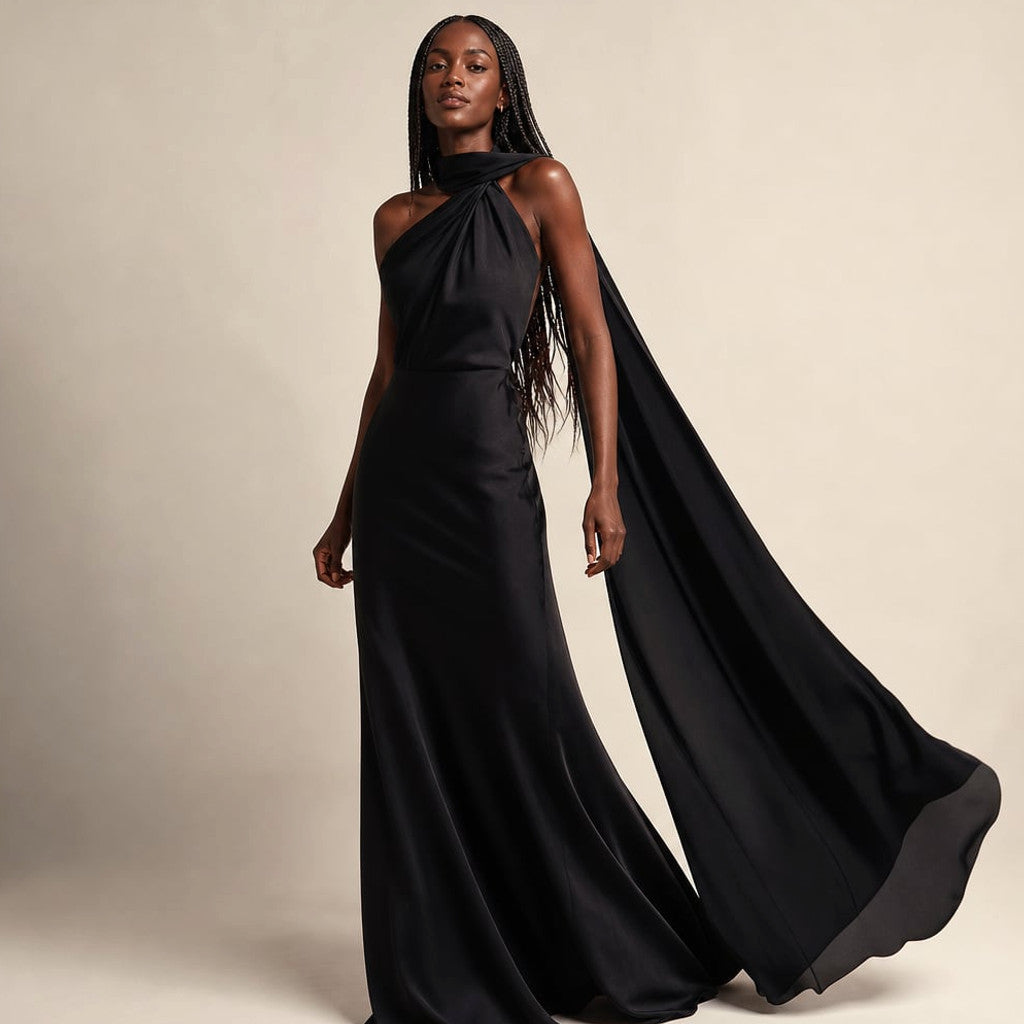 Maxi Dress One-Shoulder Draped Asymmetric Formal in Black – Molieri