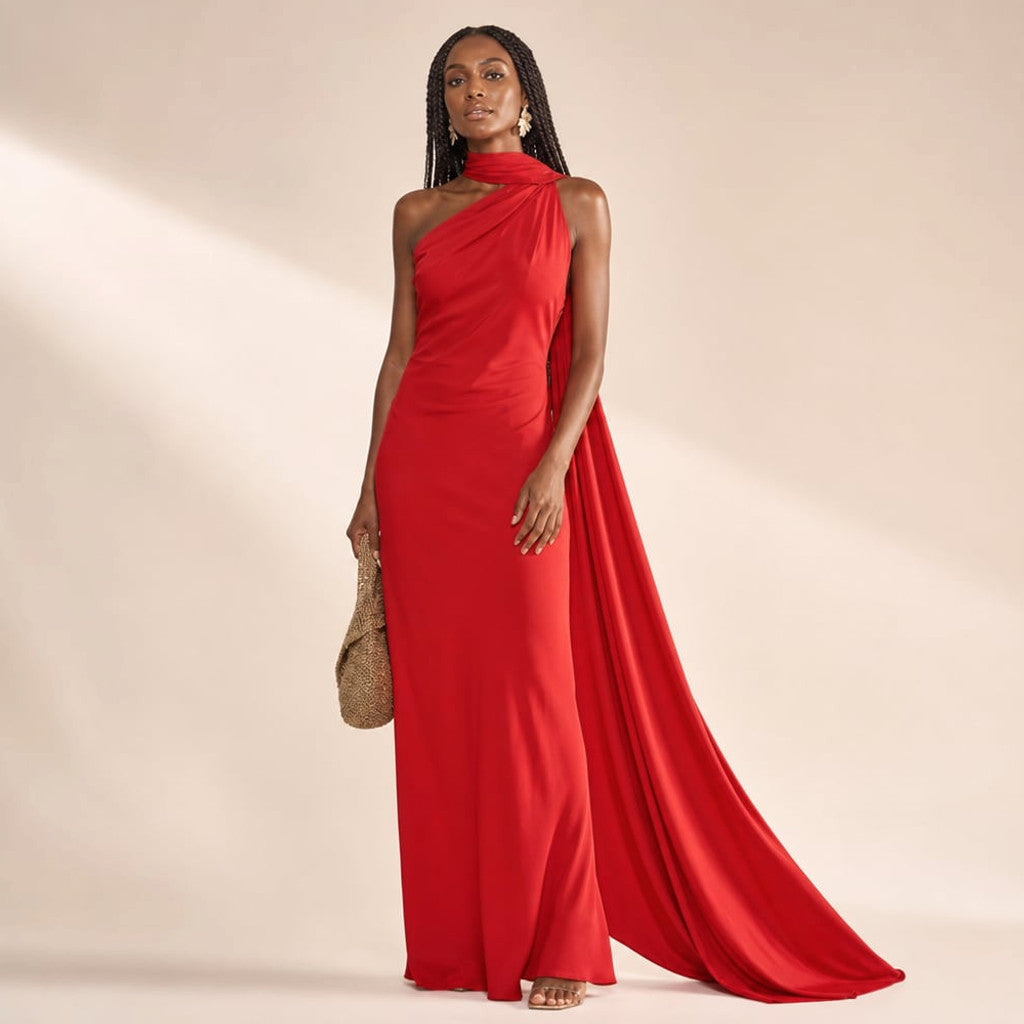 Maxi Dress One-Shoulder Draped Asymmetric Formal in Red – Molieri