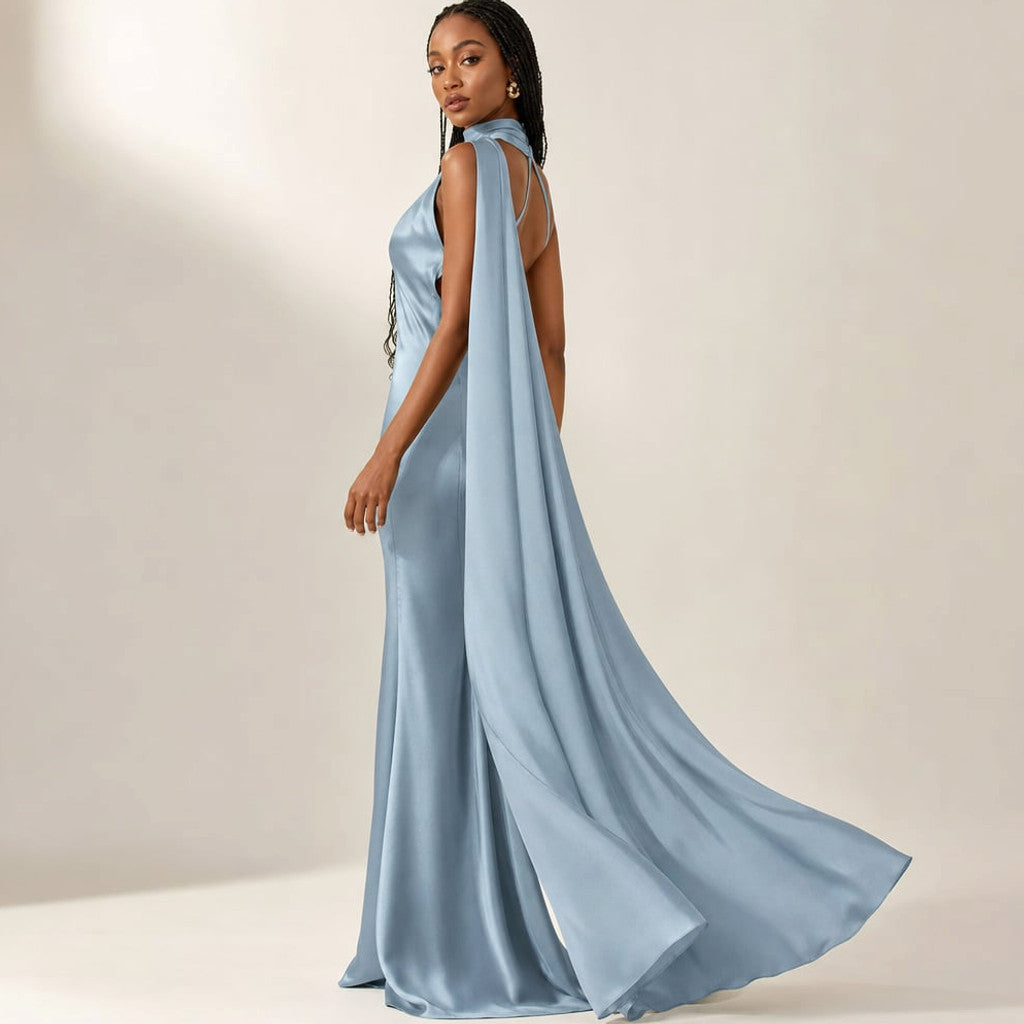 Maxi Dress One-Shoulder Draped Asymmetric Formal in Blue – Molieri