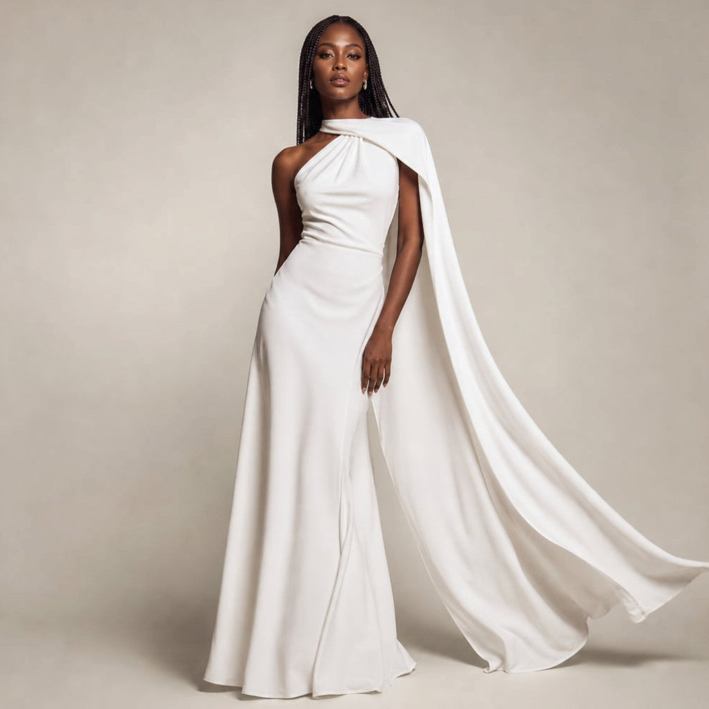 Maxi Dress One-Shoulder Draped Asymmetric Formal in White – Molieri