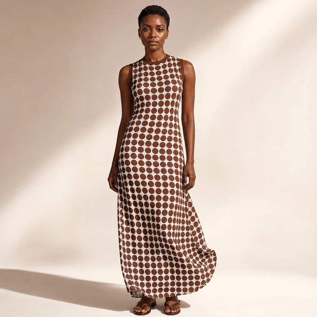 Full-length front view of the Linae sleeveless maxi dress in chocolate spot print, showing the round neckline and floor-length silhouette.