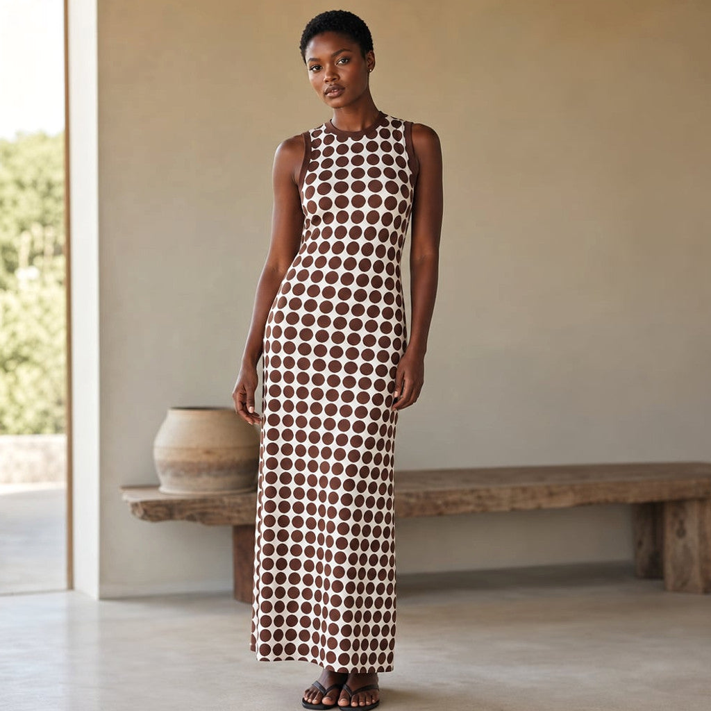 Sleeveless Maxi Dress Chocolate Spot Back Button Closure – Molieri