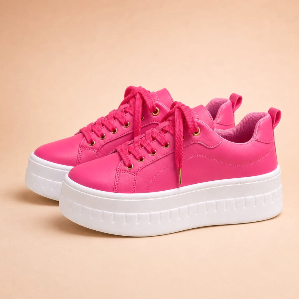 Chunky Platform Lace-Up Sneaker Stacked Sole Tan in Hot Pink – Molieri