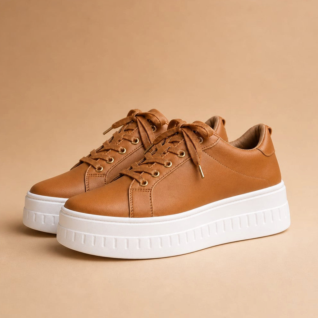 Chunky Platform Lace-Up Sneaker Stacked Sole Tan in Cognac – Molieri
