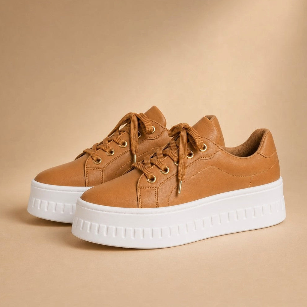 Side profile of tan chunky platform lace-up sneakers showing the full stacked sole height and lace-up front detail