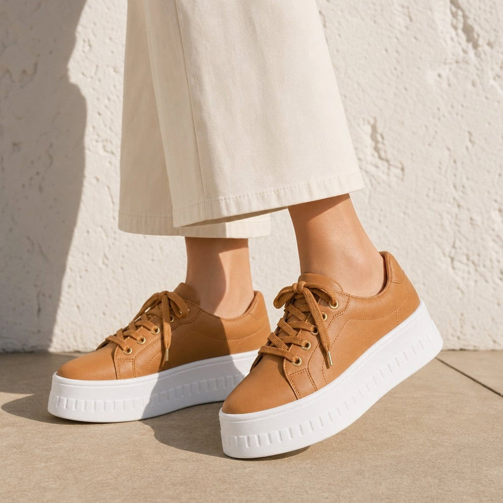 Chunky Platform Lace-Up Sneaker Stacked Sole Tan – Molieri